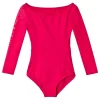 Open Diamante Back Long Sleeved Leotard Pink