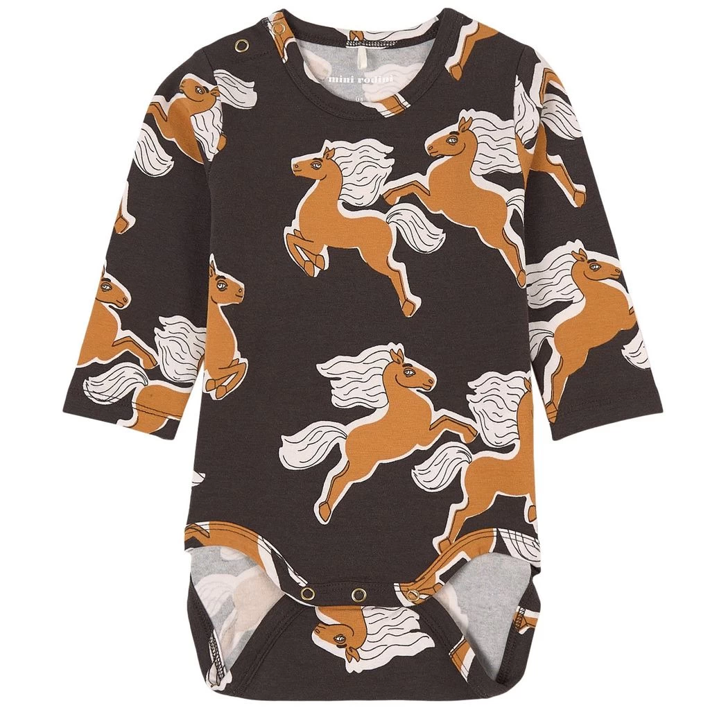 Mini Rodini GOTS Horses Printed Baby Body Black 1 Mini Rodini GOTS Horses Printed Baby Body Black