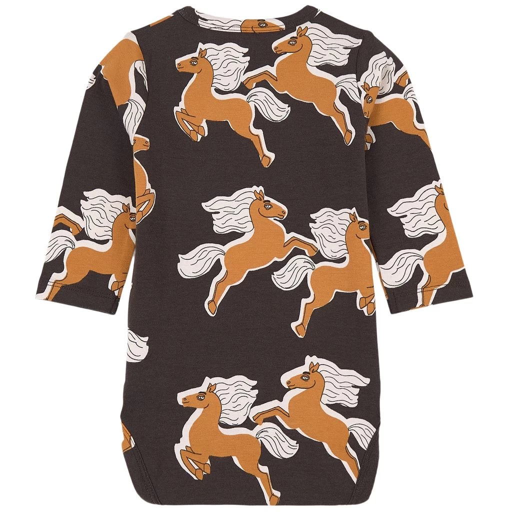 Mini Rodini GOTS Horses Printed Baby Body Black 2 Mini Rodini GOTS Horses Printed Baby Body Black - Image 2