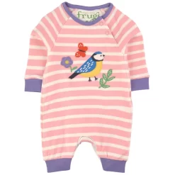 Frugi Flower Bird Remy Striped Romper Pink